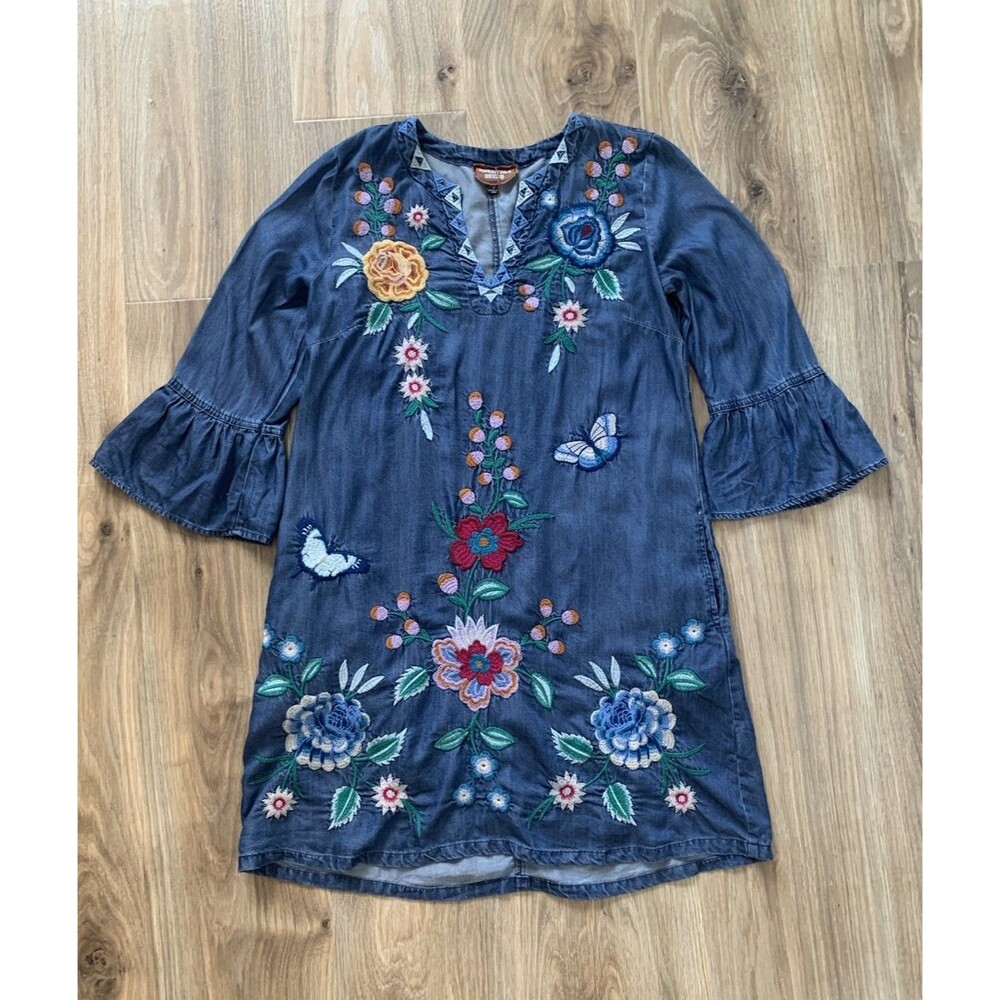 Johnny Was Workshop Blue Taymia Ruffle Sleeve Dress Embroidered Floral Chambray